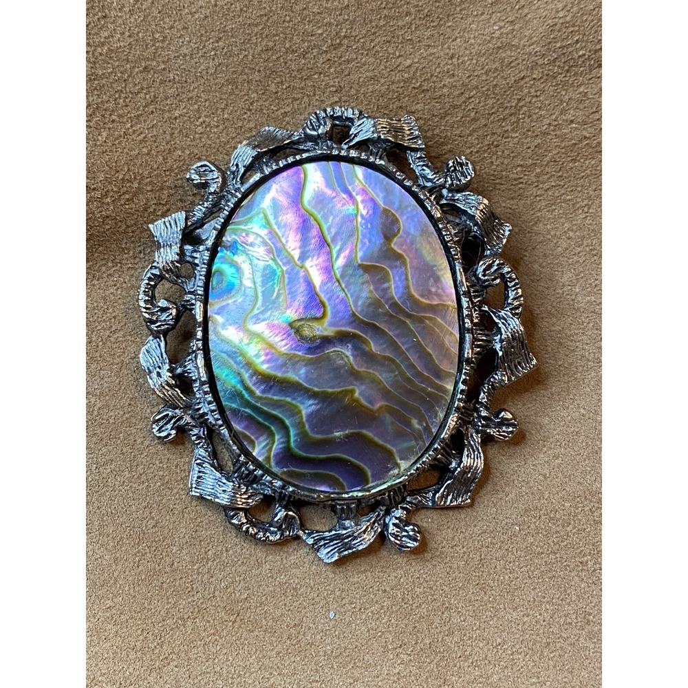 Vintage ornate Abalone Shell Polished Multicolor AB Brooch On Gray Metal Framed